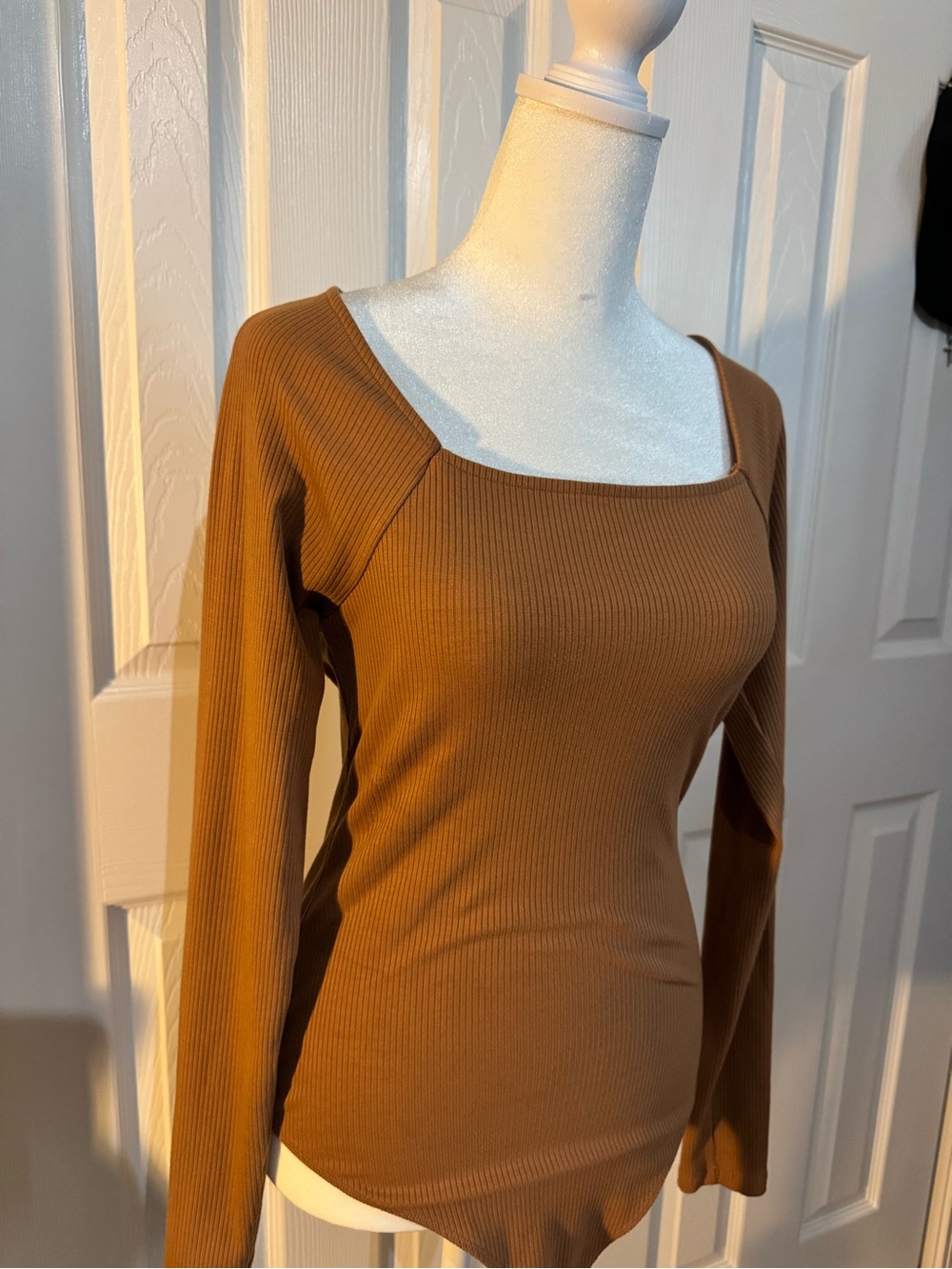 American Eagle Outfitters Ribbed Square Neck Long Sleeve Top - Tan